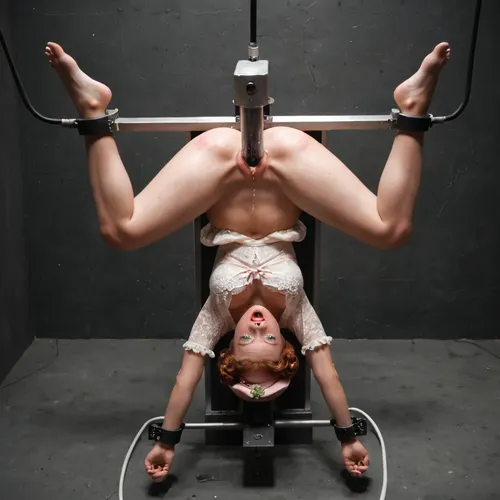 (((Mary Poppins))), (traditional dress), hat, hangs upside down, suspended from outstretched spread feet, many medical electrodes are connected to her body, she screams with pleasure, overwhelming orgasm, xcross, from, front, behind, metal, steel, iron, chrome, tied, smachine, restrained, bound, bdsm, vaginal, object, insertion, outstretched, arms, cowboy, shot, dildo, sex, machine, sex-machine, squirting, Stocks, Pose, Cuffs, on, Ankles, and, thigh, Wrists, busted, breasts, ass, whip, marks, in a futuristic setting, display, control panel, <lora:BondageXcrossV1--In Stocks Pose:.6>