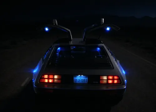 DeLorean from BTTF, (Back to the Future), Night, Dark Sky, Road in Desert, Real Road, Lights of DeLorean, (Travel Time Effects, Driving to 88mph, Blue Lights on Components Located on the Wings of the DeLorean, Blue Flash, Blue Flashes from the DeLorean), Blue Fire Flashes, Marty McFly Sits in the DeLorean and Drives it, Side View from Above, <lora:dark:.5>