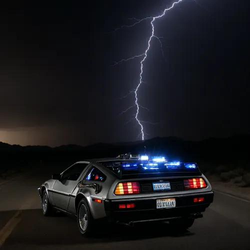 DeLorean from BTTF, (Back to the Future), Night, Dark Sky, Road in Desert, Real Road, Lights of DeLorean, (Travel Time Effects, Driving to 88mph, Driving Effects, Blue Lights on Components Located on the Side of the DeLorean, ((Blue Flash, Blue Flashes from the DeLorean, Blue Fire Flashes, Lightning Flashes all Around the DeLorean))), Marty McFly Sits in the DeLorean and Drives it, Side View from Below, <lora:dark:.5>