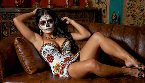 UHD, full body shot of Mexican lady, Gorgeous Mexican woman, milf, ((Dia de los Muertos facial)), ((Calaveras facial paint)), (Chiapas dress), full body shot, fashionable flat sandals, lying back on leather couch, pretty feet, beautiful large breasts, legs spread wide open, long black wavy hair, her left hand touching her head, hair on legs, muscle tone