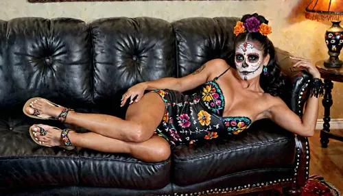 UHD, full body shot of Mexican lady, Gorgeous Mexican woman, milf, ((Dia de los Muertos facial paint)), ((Calaveras facial paint)), (Chiapas dress), dress lifted exposing pussy pubic hairs stubble, perfect vulva, full body shot, overhead view, fashionable flat sandals, lying back on leather couch, pretty feet, beautiful large breasts, legs spread wide open, long black wavy hair bun, her left hand touching her head, hair on legs, muscle tone
