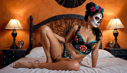 UHD, full body shot of Mexican lady, Gorgeous Mexican woman, milf, ((Dia de los Muertos facial paint)), ((Calaveras facial paint)), ((Chiapas style one-peace)), dress lifted exposing pussy pubic hairs, upskirt, perfect vulva, full body shot, overhead shot, fashionable flat sandals, lying back on bed, pretty feet, beautiful breasts, legs spread open, long black wavy hair bun, her left hand touching her head, slender, muscle tone
