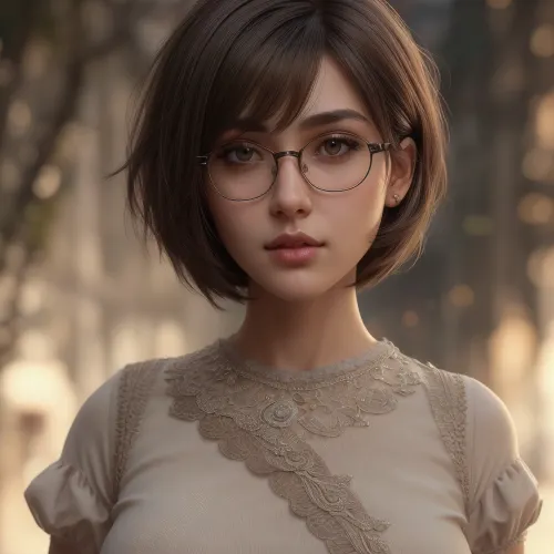 1girl Europian girl, looking at viewer, Full body view, 3D, realistic, a small delicate nose, soft rounded facial features, (but not chubby), (large breasts), (tight cropped top), (deep neckline), short gray skirt, brown natural hair, Warm eyes behind delicate glasses, messy shaggy Bob haircut, erect nipples visible through clothing, masterpiece, best quality, 8k, detailed skin texture, detailed cloth texture, beautiful detailed face, intricate details, ultra detailed, rim lighting, side lighting, cinematic light, ultra high res, 8k uhd, film grain, best shadow, delicate, RAW