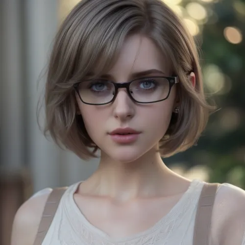 1girl Europian girl, looking at viewer, Full body view, 3D, realistic, a small delicate nose, soft rounded facial features, (but not chubby), large breasts, (tight cropped top), short gray skirt, brown natural hair, Warm eyes behind delicate glasses, messy shaggy Bob haircut, erect nipples visible through clothing, masterpiece, best quality, 8k, detailed skin texture, detailed cloth texture, beautiful detailed face, intricate details, ultra detailed, rim lighting, side lighting, cinematic light, ultra high res, 8k uhd, film grain, best shadow, delicate, RAW, <lora:hipoly_3dcg_v7-epoch-000012:.5>
