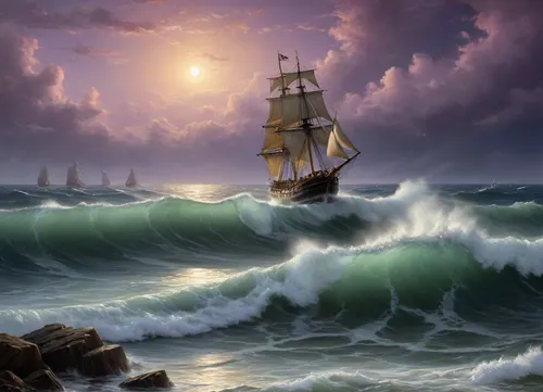 The painting is in the style of the Russian artist Ivan Konstantinovich Aivazovsky.The painting depicts a night storm at sea, in which a sailing ship got caught.

Huge waves surging over the raging sea occupy most of the picture. A small boat is struggling to withstand the powerful onslaught of the waves.

Clouds are rushing across the sky. The moon is visible between them, the cold and indifferent light of which illuminates the raging sea element, [1], .

While working on the painting, Aivazovsky used a unique combination of bright golden colors with dark, lilac-purple shades, which further emphasized the extraordinary beauty of the formidable and terrible elements. The stream of moonlight picks out huge ferocious waves from the darkness, throwing a thin web of golden light over them. It seems to the viewer that the full, bright moon broke through the veil of thick clouds in order to illuminate the terrible and beautiful game of the stormy sea.

The sailboat seems alien in the midst of the frenzied dancing of the waves. It seems that he uninvited intrudes into the pristine beauty of the raging sea and sky. The boat is unsuccessfully trying to escape from this beautiful trap, which seeks to crush and destroy, painted in the so-called oriental taste.
