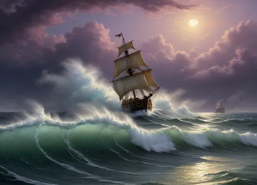 The painting is in the style of the Russian artist Ivan Konstantinovich Aivazovsky.The painting depicts a night storm at sea, in which a sailing ship got caught.

Huge waves surging over the raging sea occupy most of the picture. A small boat is struggling to withstand the powerful onslaught of the waves.

Clouds are rushing across the sky. The moon is visible between them, the cold and indifferent light of which illuminates the raging sea element, [1], .

While working on the painting, Aivazovsky used a unique combination of bright golden colors with dark, lilac-purple shades, which further emphasized the extraordinary beauty of the formidable and terrible elements. The stream of moonlight picks out huge ferocious waves from the darkness, throwing a thin web of golden light over them. It seems to the viewer that the full, bright moon broke through the veil of thick clouds in order to illuminate the terrible and beautiful game of the stormy sea.

The sailboat seems alien in the midst of the frenzied dancing of the waves. It seems that he uninvited intrudes into the pristine beauty of the raging sea and sky. The boat is unsuccessfully trying to escape from this beautiful trap, which seeks to crush and destroy, painted in the so-called oriental taste.