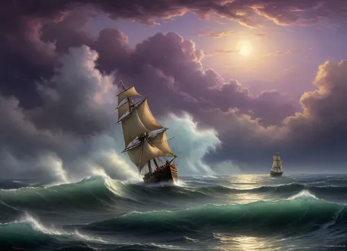The painting is in the style of the Russian artist Ivan Konstantinovich Aivazovsky.The painting depicts a night storm at sea, in which a sailing ship got caught.

Huge waves surging over the raging sea occupy most of the picture. A small boat is struggling to withstand the powerful onslaught of the waves.

Clouds are rushing across the sky. The moon is visible between them, the cold and indifferent light of which illuminates the raging sea element, [1], .

While working on the painting, Aivazovsky used a unique combination of bright golden colors with dark, lilac-purple shades, which further emphasized the extraordinary beauty of the formidable and terrible elements. The stream of moonlight picks out huge ferocious waves from the darkness, throwing a thin web of golden light over them. It seems to the viewer that the full, bright moon broke through the veil of thick clouds in order to illuminate the terrible and beautiful game of the stormy sea.

The sailboat seems alien in the midst of the frenzied dancing of the waves. It seems that he uninvited intrudes into the pristine beauty of the raging sea and sky. The boat is unsuccessfully trying to escape from this beautiful trap, which seeks to crush and destroy, painted in the so-called oriental taste.