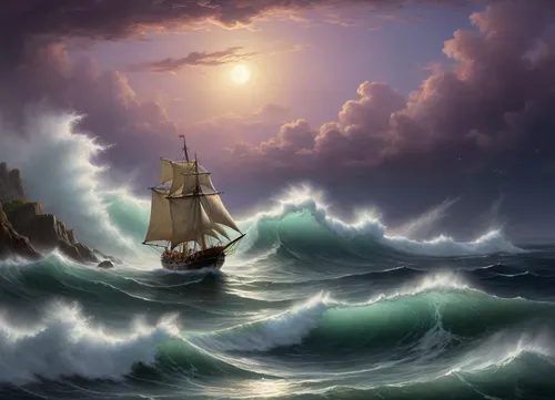 The painting is in the style of the Russian artist Ivan Konstantinovich Aivazovsky.The painting depicts a night storm at sea, in which a sailing ship got caught.

Huge waves surging over the raging sea occupy most of the picture. A small boat is struggling to withstand the powerful onslaught of the waves.

Clouds are rushing across the sky. The moon is visible between them, the cold and indifferent light of which illuminates the raging sea element, [1], .

While working on the painting, Aivazovsky used a unique combination of bright golden colors with dark, lilac-purple shades, which further emphasized the extraordinary beauty of the formidable and terrible elements. The stream of moonlight picks out huge ferocious waves from the darkness, throwing a thin web of golden light over them. It seems to the viewer that the full, bright moon broke through the veil of thick clouds in order to illuminate the terrible and beautiful game of the stormy sea.

The sailboat seems alien in the midst of the frenzied dancing of the waves. It seems that he uninvited intrudes into the pristine beauty of the raging sea and sky. The boat is unsuccessfully trying to escape from this beautiful trap, which seeks to crush and destroy, painted in the so-called oriental taste.