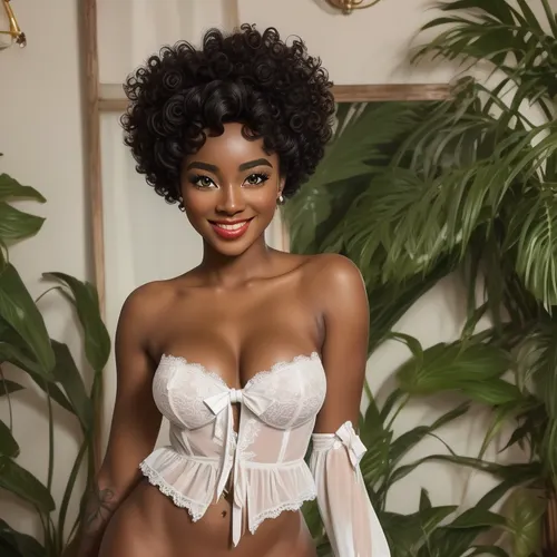 cute 22 years old adult ebony woman from 1960s is wearing white lingerie, topless, bow, full body, smile, medium breast, curly hair, green eyes, heavy tan