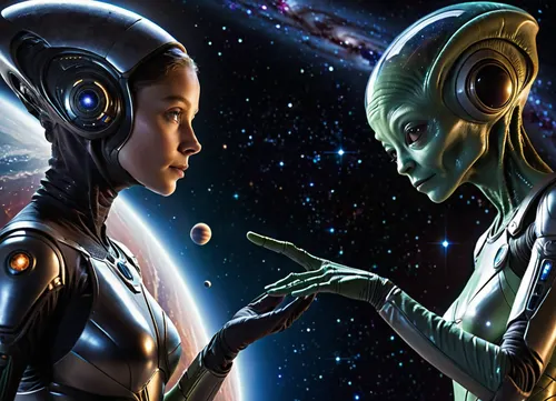 ((beautiful gir in spacesuit reaches out hand to humanoid alien)), ((grey humanoid alien reaches out)), contact, first contact, ((human and alien touch fingers)), deep space background, ((background with stars, planets and galaxies)), fantastic light, bright saturated colors, (realistic image), detailed textures, cinematic, 8k, photorealistic, all body view