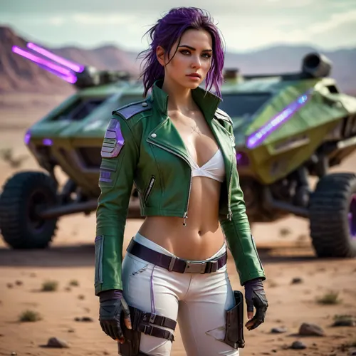 Futuristic Hum-V concept design with angular armor plating, a large plasma cannon on the roof, and vivid purple neon stripes tracing along the chassis, set in a post-apocalyptic desert wasteland, dramatic lighting, digital illustration, concept art style, high detail, sexy girl in green leather jacket flashing tits, white pantie, barefood, <lora:style_lora_realis:.8>