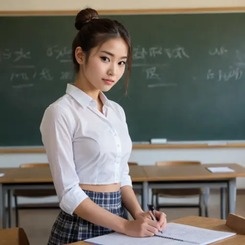beautiful sexy slender 20 year old cute asian girl, cute face, Brown eyes, hair in a bun, 3/4 view, teacher, in a classroom, writing on blackboard, white unbutonned shirt, plaided skirt, slit skirt, side view, sideboob, sexy pose