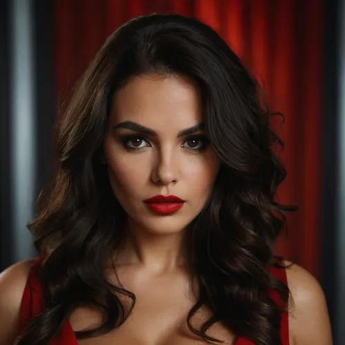 Close-up portrait of a woman with long dark hair. she is looking directly at the camera with a serious expression on her face. her hair is styled in loose waves and falls over her shoulders. she has a bold red lipstick on her lips and her makeup is dramatic with dark eyeliner and winged eyeliner. the background is blurred, so the focus is on the woman's face. she appears to be in her late twenties or early thirties., 8K ultra HD, large, big, boobs, huge, tits, <lora:bombshell_v2:.8>, <lora:SDXLHighDetail_v6-000005:.8>, <lora:add-detail-xl:1.6>