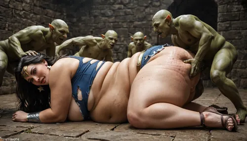 multiple goblins- little, pervert, very skinny, goblins with small cocks groping and fingering a tall, Incredibly beautiful, extreme fat, obese, stretch marks, love handles, overfed belly, wobbly fat ass, severe cellulite, chubby, fat, round face with a double chin, ssbbw MILF, (woner woman), . goblins groping and fingering the fat Sexy MILF in the dungeon, -arms tied, She is dreesed as wonder woman, (torn clothes), . She has Natural, excessively drooping breasts. Full lips, detailed eyes, very long dark staight black hair. She has a big, fat belly with folds of fat
background is in a old, devasteded medieval dungeon
show one extreme fat, obese ssbbw wonder woman and the skinny little goblins together !!!, Goblin, Mage, Warrior, Shaman, Assassin, fighter, monster, creature, <lora:655889_training_data:.8>, -always together with the angry, little goblins !!!
side view