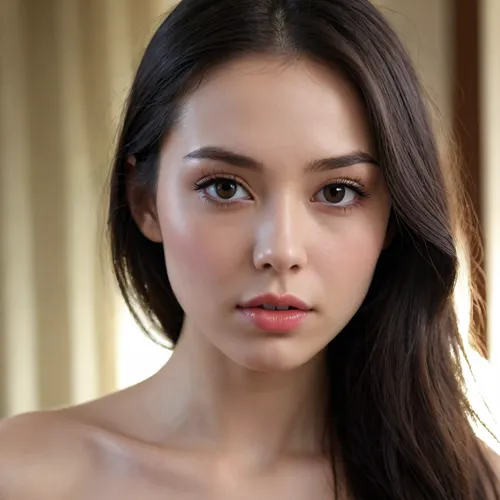young girl face, nude, long dark hair, asian, perfect glowing pale skin, thick plump full lips, dark narrow eyes, long eyelashes, perfect sharp jawline, high prominent cheekbones, small nose, beautiful, model, realistic