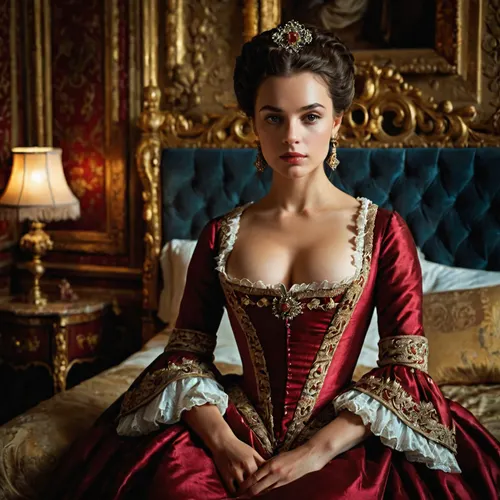 The new mistress in the age of absolutism waiting in the bedchamber.
A petite young woman, age of absolutism, mistress, 18th century, brunette, sitting in a noble bedroom, looking at viewer.
photorealistic, hd.