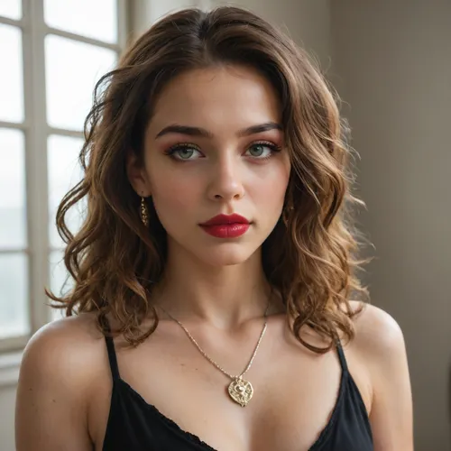 A professional beauty portrait of a young woman with vibrant copper-red wavy hair styled in loose curls falling past the shoulders. The hair has a glossy sheen and is expertly lit to highlight its rich orange tones. The makeup features dramatic winged black eyeliner, smoky eyeshadow in rose gold tones, and bold red lipstick. The skin is smooth and flawless with a natural glow. The subject wears a black top and a delicate silver necklace with a pendant. The background is softly blurred with natural lighting coming from a window, creating a warm, golden ambiance. The composition is shot from a slight angle, with the subject's face turned toward the camera. The image has professional studio-quality lighting that creates soft shadows and highlights the dimensional tones in the hair.
