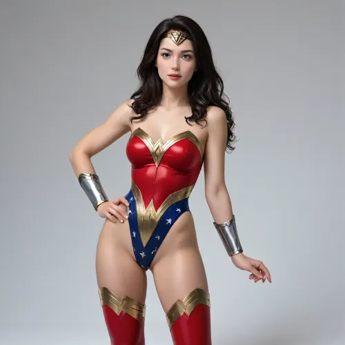 A flirty, confident Wonder Woman in a sleek, form-fitting bodysuit version of her iconic costume. The bodysuit is a seamless one-piece, deep, glossy red on the upper half with a gold eagle chest emblem sculpted to her curves, transitioning into dark navy blue on the lower half with subtle silver stars along the hips. Gold piping outlines her figure, emphasizing her waist and shoulders. The neckline is a tasteful but daring plunge, shaped like a sweetheart cut, with gold trim. She wears long silver bracers, a golden tiara with a red star, and glossy red thigh-high boots with gold edges. Her Lasso of Truth is coiled at her hip or lightly gripped in one hand, glowing faintly. Her expression is playful and alluring — lips curled into a flirty smirk, eyes locked confidently forward. Her long, dark hair flows in loose waves over one shoulder. Pose is dynamic, one hip slightly popped, hand on thigh or tousling her hair. Background is minimal or softly blurred to keep attention on her.