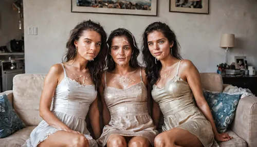 Three sisters sitting on a sofa, average living room, wearing sunday dresses, (cum on faces:1.5), . masterpiece, hd, (Photorealistic:1.7), .