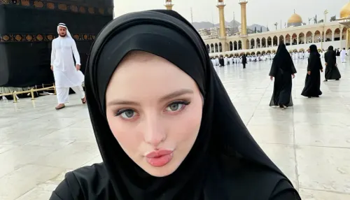 (wearing black hijab), realistic face, pale skin, in front of kaaba, selfie, pouting, <lora:JustCum:.8>, <lora:Pouting_SDXL:.5>