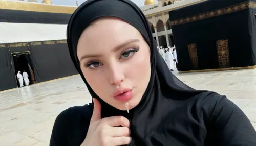 (wearing black hijab), realistic face, pale skin, in front of kaaba, selfie, pouting, <lora:JustCum:.8>, <lora:Pouting_SDXL:.5>