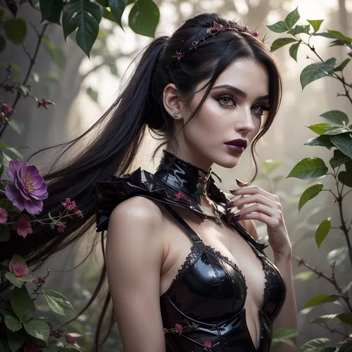 photorealistic image, 8K quality, Deathworld, Deadly Dark Jungle of Pyrrhus, ((many night glow carnivorous flowers, plants with poisonous thorns)), 22 yo beauty a young woman in an transparent suit, slim, natural round tits, with a gun in her hand, walks along a path, a thornwing sits on a tree branch, side view, ziprealism, score_9, score_8_up, 1girl, (girlfriend, exquisite beauty:1.2), (smug and eager, expressive eyes, mischievous eyes), (glossy black hair, intricate hairstyle), (delicate face, sharp chin, chiseled cheekbones, triangular face:1.2), (intimate esthetic), (sharp focus, focus on eyes, perfect eyes), catchlights, detailed eyes, (bold eyeliner, deep purple eyeshadow, dark lipstick), bashful pose, adorable pose, (flawless porcelain skin)