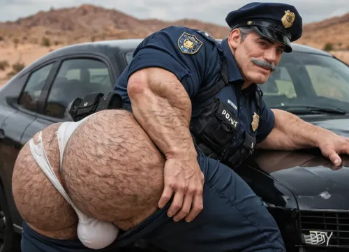 A Beefy old daddy, 60-years-old, big muscles, big pecs, big bulge, big booty, gray hairy body, full gray beard, big thick gray mustache, long gray hair, (long hair:1), (big pecs:1.3), (big ass:1.6), (hairy body:1.5), old daddy, (beefy daddy:1.5), is a german policeman, police shirt, black police uniform, (tight black police pants), (white speedo with "POLICE" word printed on), black tactical gear, black bulletproof vest, tactical gloves, ripped pants, police hat, holding, gay only, gay bottom guy, looking the viewer, solo gay, sexy pose, hot pose, teasing daddy, on desert in front of police cars