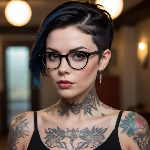 HD, beautiful face, model figure, bimbo, upsweep haircut, full height photo, very pale skin, very tattooed, black hair black, rim glasses