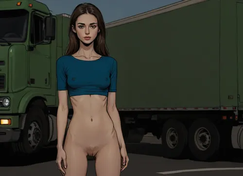 russian mature women, girl next door, detailed eyes, thin eyebrows, perfect makeup, soft facial features, narrow face, long natural brown hair, (6ft tall girl), ((fit skinny body)), hourglass figure, anorexic, (narrow waist), (flat stomach), pale sweaty skin, realistic body proportions, perfect anatomy, good hands with perfect fingers, long skinny legs, thigh gap, (tiny breasts), (flat chested), erected nipples, random pose, (masterpiece:1.4), <lora:ahxl_v1:1.2>, (hippie), (belly free shirt), (bottomless), standing between the huge overland trucks, truck drivers, crowded parking lot of a motorway, full body view, Rating_explicit, Source_anime, (A detailed pencil drawing with clean lines and meticulous shading, flat colors, line art, no gradients, blue and green palette), realistic anatomy, drawing have delicate shading and intricate details, capturing the essence of the subject with fine pencil strokes, allowing the focus to remain on the portrait itself, ratatatat74, (Jean, Giraud), lineart, <lora:outline_xl_kohaku_delta_spv5x:1.1>, <lora:lineartSDXL:.8>, <lora:ratatatat74-000050:.8>