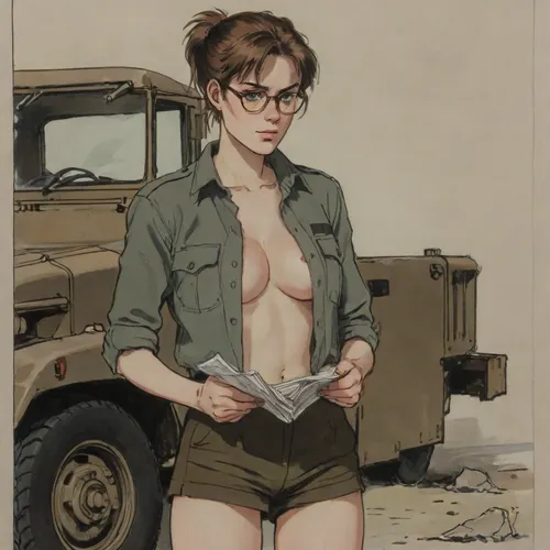 Ophélie Guillermand, 18 years old girl, ((unshaven pubic hair)), reading a military map by an army truck, somewhere in Provence country, (((Army shorts))), (((tight military office shirt open to show boobs))), fluffy ponytail, sideview, brunette pixie hair, little round glasses, many freckles, serious, best quality, masterpiece, blue eyes, thick body, natural big boobs, entire body view, (((full nude))), ((hairy pube)), old fountain in the background, ((full body view)), William, McTaggart, J.C., Leyendecker, Style, page, Source_anime, 80's anime style, (A detailed pencil drawing with clean lines and meticulous shading, sketch of a woman), drawing have delicate shading and intricate details, capturing the essence of the subject with fine pencil strokes, allowing the focus to remain on the portrait itself, drawing by NTY, v0ng44g, sk3tch, .8>, ratatatat74, <lora:sketch_it:1.1>, <lora:ratatatat74-000050:.8>, <lora:NEOTOKIOXL_0.2_RC:.8>
