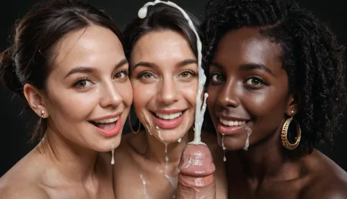 photographic, extreme ultra closeup portrait, (((2 naked mature black african women))), (milf:1), (heads close together, (faces cheek to cheek)), ((each girl has a different tone of black hair color)), brown eyes, eye contact with the viewer, naked, (((faces splattered with cum))), (laughing), surprised, (loving eye contact with the viewer), 1 naked man with a huge 19 inch penis, (ejaculation:1.6), ((stunningly gorgeous women enjoy jerking the viewer's penis)), handjob, black room, black background.