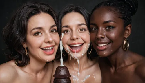 photographic, extreme ultra closeup portrait, (((2 naked mature black african women))), (milf:1), (heads close together, (faces cheek to cheek)), ((each girl has a different tone of black hair color)), brown eyes, eye contact with the viewer, naked, (((faces splattered with cum))), (laughing), surprised, (loving eye contact with the viewer), 1 naked man with a huge 19 inch penis, (ejaculation:1.6), ((stunningly gorgeous women enjoy jerking the viewer's penis)), handjob, black room, black background.