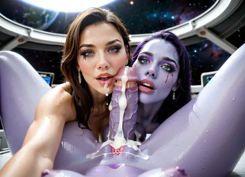 two futanari girls sex, futanari, 2 girls, third person view, beautiful shapes, skinny, athletic, looking at each other, space, planets, space station, aliens, reptile, purple skin, blue skin, two girls with a dick, fucking each other, she's all wet, wet clothes, bright makeup, cumming, (((The whole full body is visible))), nude, professional shot, Super realistic, perfect lighting, (best shadow), 8K, UHD, clear image, (best lighting), highest quality, ultra-detailed images, fine details, high resolution, 8k, wide mouth, full lips, blue eyes, pale skin, deep dimples, cute chin, kind eyes, white teeth, detailed faces, Black eyeliner, professional, realistic eyes, Sultry expression. Tousled, (sultry), Photorealistic, innocent face, horny, very detailed, perfect tight smooth young pussy, small tits, (((narrow low face))), young face, bright eyes, very detailed face, blush, white skin, close up hyper detailed body, detailed huge flaccid penis, fit body relief, fuck futanari dick, two woman futanari sex, ((futanari penis, futanari vagina under balls, veiny penis, cum dump)), purple futa, purple dick, purple skin tone, purple woman, distance image five meters, distance photo, alien, alien skin, alien skin tone, reptile skin, reptile skin tone, open useed vagina, futanari sex, the camera is on the ceiling, the camera shoots from afar