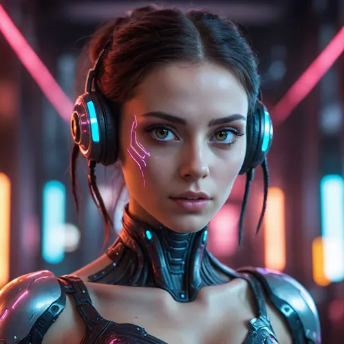 A cybernetic skin woman with glowing eyes in a neon, cyberpunk style, big, eyes, <lora:Style_eyes _and_hair_XL-v2:.8>, monster gigantic cock