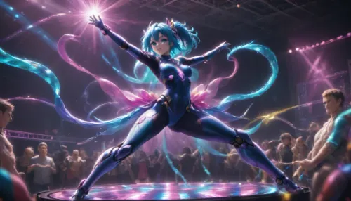 cyborg, blue hair, turquoise eyes, from the front, disco, dancing, party
