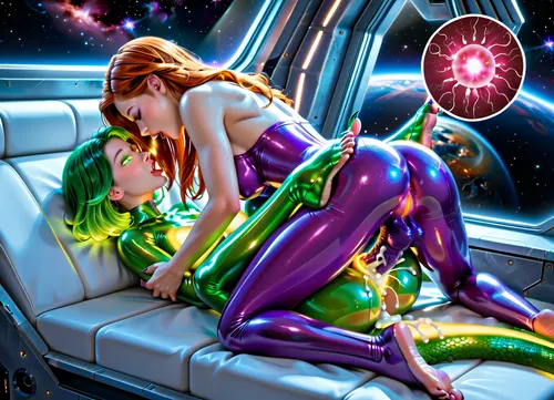 two space color futanari, purple mini futa, green huge futa, space, alien, transgender futa, futanari, skinny futa, thin futa, slender fit ass, athletic legs, vagina under a dick, have sex, in a space laboratory. green slime on the wall and on the floor. Their skin is covered with scales. 18 year old. Cute faces, no clothes. Long beautiful legs. There are claws on his hands. Wet. There are many different planets in the window, galaxies, a quasar, spaceship. Lots of colorful thick cum. A huge cock with veins, ass sex, missionary, cumming on ass, cum on back, cum on flor, distance photo, 8k, UHD. super quality, detailed face, futanari missionary sex on a cosmic garage on ship, detailed legs, futa fuck futa, futanari sex, futa porno, cosmic dick. purple skin tone, blue vagina, used vagina, use ass, a young face, a sweet face, glowing eyes, glowing growths on the body, double sex, glowing dick, glowing tits, glowing vagina, glowing cum, glowing sperm, glowing boobs, Skin-tight sexy full-body space alien glows costume, transparent glows clothing, young face, fiery cum, cum glows, glows mucus on the surface, glows hair, glows body implant, glow clothes, scales, scales on the skin, dragon's tail, reptile's tail, suck, blowjob
