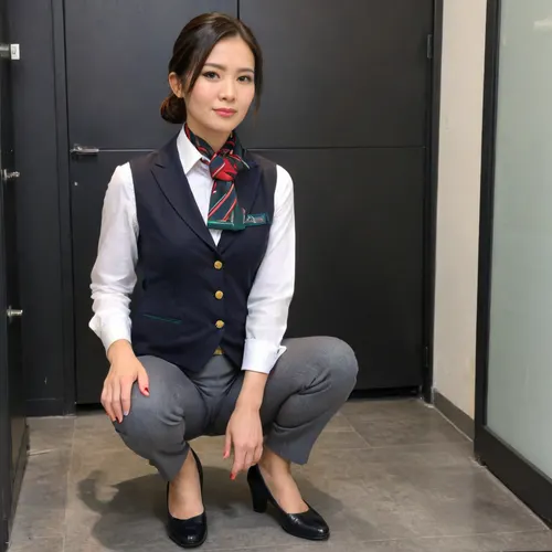 in vip room, CHINESE stewardess, (squatting：1.3), (full body, back side view:1.2), (stewardess uniform, grey waistcoat, white short sleeve shirt, (long grey long pants:1.2), Chinese females, chinese face, featuring a simple background wallacurate english text, ultra-detailed, highres, follow reference image text style, CFG 13, denoising 0.4. On the stage, several beauty pageant contestants stand gracefully, short black hairstle, blushing face, shameful, embarrassed, matured, close up, slender body, beautiful long legs, (1.2), full body photo, (black stewardess flat shoes:1.2), small square blue scarf, beautiful face, ankle, The scene is photorealistic, with vibrant colors, soft stage lighting, and ultra-high detail, 4K resolution, woman, squat), alitalia_woman_jacket, alitalia_woman_skirt, alitalia_woman_white_shirt_short_sleeves, alitalia_woman_white_shirt_long_sleeves, alitalia_woman_dress, alitalia_green_silk_scarf, alitalia_red_silk_scarf, alitalia_blue_silk_scarf, alitalia_wool_scarf, alitalia_woman_shoulder_bag, alitalia_apron, alitalia_woman_sweater, alitalia_woman_trenchcoat, alitalia_woman_pants, alitalia_man_jacket, alitalia_man_pants, alitalia_man_waistcoat, alitalia_man_white_shirt, alitalia_man_trenchcoat, alitalia_man_blue_tie, alitalia_man_red_tie, alitalia_man_shoulder_bag, alitalia_man_sweater, alitalia_gloves, alitalia_id_card, alitalia_badge, flight, attendant, stewardess, steward, <lora:flashpan:1.3>, <lora:alitfina100Ep:1.1>