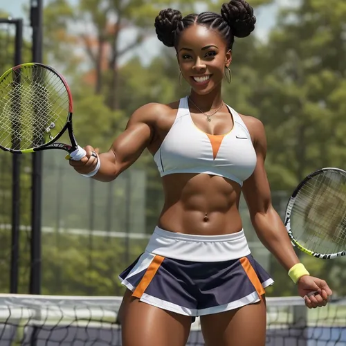 Cute, topless, muscular 18 years ebony girl is playing tennis, full body in screen, heavy abs, oiled skin, very big breast, tattoos, perky nipples, piercing in navel, two buns hairstyle, smile