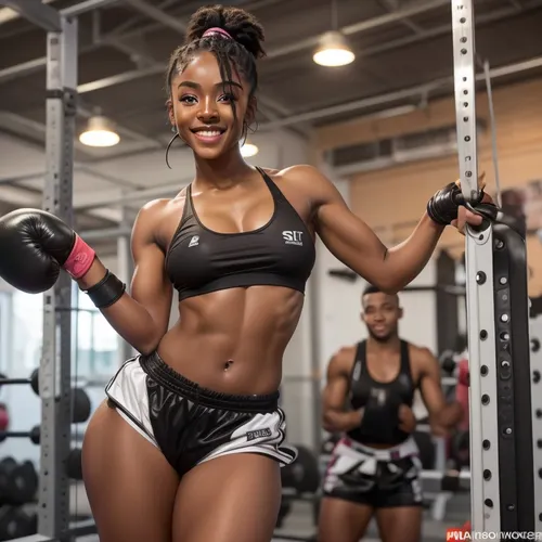Naked.Cute.Adult. 21 years old ebony woman is doing hard workout at the Gym. muscular body, heavy abs, firm round butts, smile, sweaty body, tiny breast, boxing gloves, two black buns hairstyle