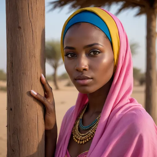 A regal Peul woman stands beneath the fading sun of the Sahel, her face a masterpiece of African nobility — broad nose, large expressive nostrils, voluminous lips, and proud almond-shaped eyes under finely arched brows. Her deep ebony skin catches the golden light, contrasting with a radiant fluorescent pink hijab that dances in the dry wind.

She leans gently against a carved wooden post, lifting one slender leg to tighten her neon-yellow laced evening sandals, the satin laces glowing against her dark ankles. Her fingers, long and elegant, are adorned with electric blue fluorescent nail polish, catching the light like fireflies as she brushes a strand of braided hair from her face.

Around her, the horizon breathes—flat plains, distant cattle, soft cowbells. The scene is quiet, charged with a poetic romance, the gaze of a woman rooted in tradition, yet glowing with otherworldly modernity.