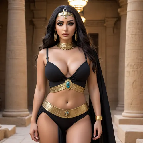 bimbo goddess, (ancient Egyptian makeup:1.3), realistic eyes, realistic face, black hair, large eyes, hyper detailed, goddess of beauty, golden glowing aura, gigantic natural breasts, heavy breasts, perfect breasts, busty, thick thighs, wide hips, beautiful face, tan skin, long hair, blush, big fake boobs, bimbo, Front view, graceful women, full body shot, all black clothing, standing and looking at viewer like a model.