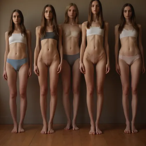 Photorealistic 8k hi-res, highly detailed, natural light, ((an overview of 5 very skinny women, tall, thin legs, thigh gap, small tits, cup A, narrow hips, hipbones, big vulva, long hair, different hair colors, slim, slender:1.8)), Women pretty but also next door neighbor type, natural, no make up, Dresses in thin low waisted yoga pants, All laying on the floor, legs spread