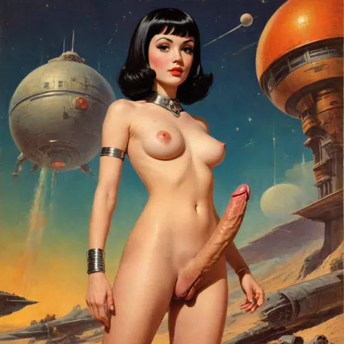 1b7421ff-821d-4a9c-b1fc-7e77998193af, (style of old pulp scifi poster, Flat 2D Art, retrofuturism, very small perky tits, huge FUTA cock:1.8), big dick, (covered nipples:1.4), (side-by-side:1), side-by-side pictures of 18 year old slim sexy space princess wearing super tight space suit, bangs, Bob haircut, (avant-garde asymmetric clothes:1.6), (wearing, futuristic, sexy, torn, cutout, exposing breast or penis, lewd, intricate details, cutouts, cutoffs, lace, leggins, leotard, hotpants, uniform, suit, flightsuit, space_space, Avant-garde, edgbodytape), rank insignia, royal insignia, penis, erect-futa, erect-penis, woman, testicles, erection, <lora:add-detail-xl:.5>, <lora:edgBodytapeXL:.5>, <lora:weird_runway:.5>, <lora:xpenis-1.5e:1>, <lora:SDXLlora13ErFut:1.1>