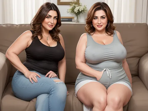 Full color high definition photo, two obese mature women, Armenian, light eyes, beautiful eyes, detailed eyes, looking at viewer, seductive, eye contact with viewer, the woman on the left has brunette hair with highlights, 60 years old, both women are wearing highwaist jeans, and sleeveless t-shirt, sitting on a couch, well lit interior scene, mature, female, milf, motherly, with, pokies, sagging, saggy, drooping, small breasts, almost kissing, <lora:epiCRealismHelper:.5>