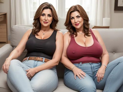 Full color high definition photo, two obese mature women, Armenian, light eyes, beautiful eyes, detailed eyes, looking at viewer, seductive, eye contact with viewer, the woman on the left has brunette hair with highlights, 60 years old, both women are wearing highwaist jeans, and sleeveless t-shirt, sitting on a couch, well lit interior scene, mature, female, motherly, with, pokies, sagging, saggy, drooping, small breasts, almost kissing, <lora:epiCRealismHelper:.5>, <lora:mommyfy_V1:.5>