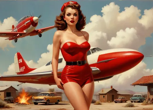 A pin-up style illustration of a young woman with a mid-20th century retro aesthetic. Full length. She has large expressive eyes, white skin, soft wavy fire elemental hair in a 1950s hairstyle, and a cheerful or playful expression. She is wearing classic leather BDSM clothing. Her body type is medium, with natural curves, no exaggeration, realistic proportions. She appears in dynamic or charming poses, reflecting mid-century pin-up art. The lighting is soft and vintage-inspired, with a clean background or stylized setting appropriate to the theme, (e.g. post-apocalyptic landscape), . Illustration is rendered in traditional pin-up painting style, (like Gil Elvgren), with warm tones and gentle shading, sagging, style, of, Art, Frahm, latex, matte, shiny, inflatable, Worthington, Whittredge, Style, <lora:sagging-000015:2>, <lora:tbh210-sdxl:1.5>, <lora:shinylatex-merged:.5>, <lora:Worthington Whittredge Style:1>