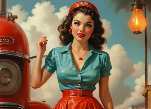 A pin-up style illustration of a young woman with a mid-20th century retro aesthetic. Full length. She has large expressive eyes, white skin, soft wavy fire elemental hair in a 1950s hairstyle, and a cheerful or playful expression. She is wearing classic leather BDSM clothing. Her body type is medium, with natural curves, no exaggeration, realistic proportions. She appears in dynamic or charming poses, reflecting mid-century pin-up art. The lighting is soft and vintage-inspired, with a clean background or stylized setting appropriate to the theme, (e.g. post-apocalyptic wasteland), . Illustration is rendered in traditional pin-up painting style, (like Gil Elvgren), with warm tones and gentle shading, sagging, style, of, Art, Frahm, latex, matte, shiny, inflatable, <lora:sagging-000015:2>, <lora:tbh210-sdxl:1.5>, <lora:shinylatex-merged:2>, <lora:MJ52:1.5>