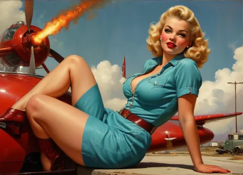 A pin-up style illustration of a young woman with a mid-20th century retro aesthetic. Full length. She has large expressive eyes, white skin, soft wavy fire elemental hair in a 1950s hairstyle, and a cheerful or playful expression. She is wearing classic leather BDSM clothing. Her body type is medium, with natural curves, no exaggeration, realistic proportions. She appears in dynamic or charming poses, reflecting mid-century pin-up art. The lighting is soft and vintage-inspired, with a clean background or stylized setting appropriate to the theme, (e.g. post-apocalyptic landscape), . Illustration is rendered in traditional pin-up painting style, (like Gil Elvgren), with warm tones and gentle shading, sagging, style, of, Art, Frahm, latex, matte, shiny, inflatable, Worthington, Whittredge, Style, <lora:sagging-000015:2>, <lora:tbh210-sdxl:1.5>, <lora:shinylatex-merged:2>, <lora:Worthington Whittredge Style:1>