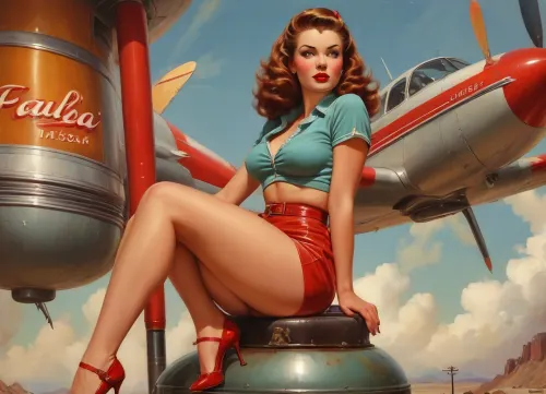 A pin-up style illustration of a young woman with a mid-20th century retro aesthetic. Full length. She has large expressive eyes, white skin, soft wavy fire elemental hair in a 1950s hairstyle, and a cheerful or playful expression. She is wearing classic leather BDSM clothing. Her body type is medium, with natural curves, no exaggeration, realistic proportions. She appears in dynamic or charming poses, reflecting mid-century pin-up art. The lighting is soft and vintage-inspired, with a clean background or stylized setting appropriate to the theme, (e.g. post-apocalyptic landscape), . Illustration is rendered in traditional pin-up painting style, (like Gil Elvgren), with warm tones and gentle shading, sagging, style, of, Art, Frahm, latex, matte, shiny, inflatable, Rolf, Armstrong, Style, <lora:sagging-000015:2>, <lora:tbh210-sdxl:1.5>, <lora:shinylatex-merged:2>, <lora:Rolf Armstrong Style:1.5>