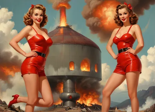 A pin-up style illustration of a young woman with a mid-20th century retro aesthetic. Full length. She has large expressive eyes, white skin, soft wavy fire elemental hair in a 1950s hairstyle, and a cheerful or playful expression. She is wearing classic leather BDSM clothing. Her body type is medium, with natural curves, no exaggeration, realistic proportions. She appears in dynamic or charming poses, reflecting mid-century pin-up art. The lighting is soft and vintage-inspired, with a clean background or stylized setting appropriate to the theme, (e.g. post-apocalyptic volcano), . Illustration is rendered in traditional pin-up painting style, (like Gil Elvgren), with warm tones and gentle shading, sagging, style, of, Art, Frahm, latex, matte, shiny, inflatable, Rolf, Armstrong, Style, <lora:sagging-000015:2>, <lora:tbh210-sdxl:1.5>, <lora:shinylatex-merged:2>, <lora:Rolf Armstrong Style:2>